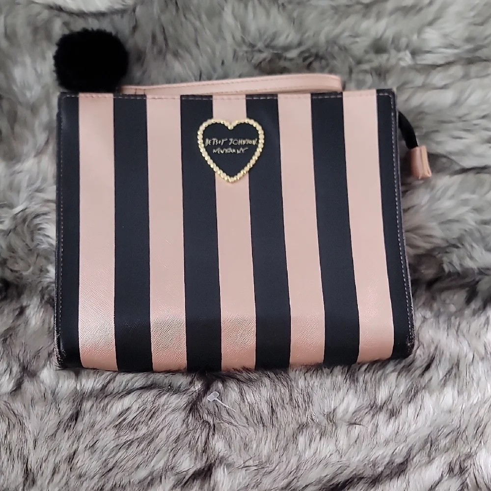 Betsey Johnson Black and Gold Striped Clutch with Heart Accent
